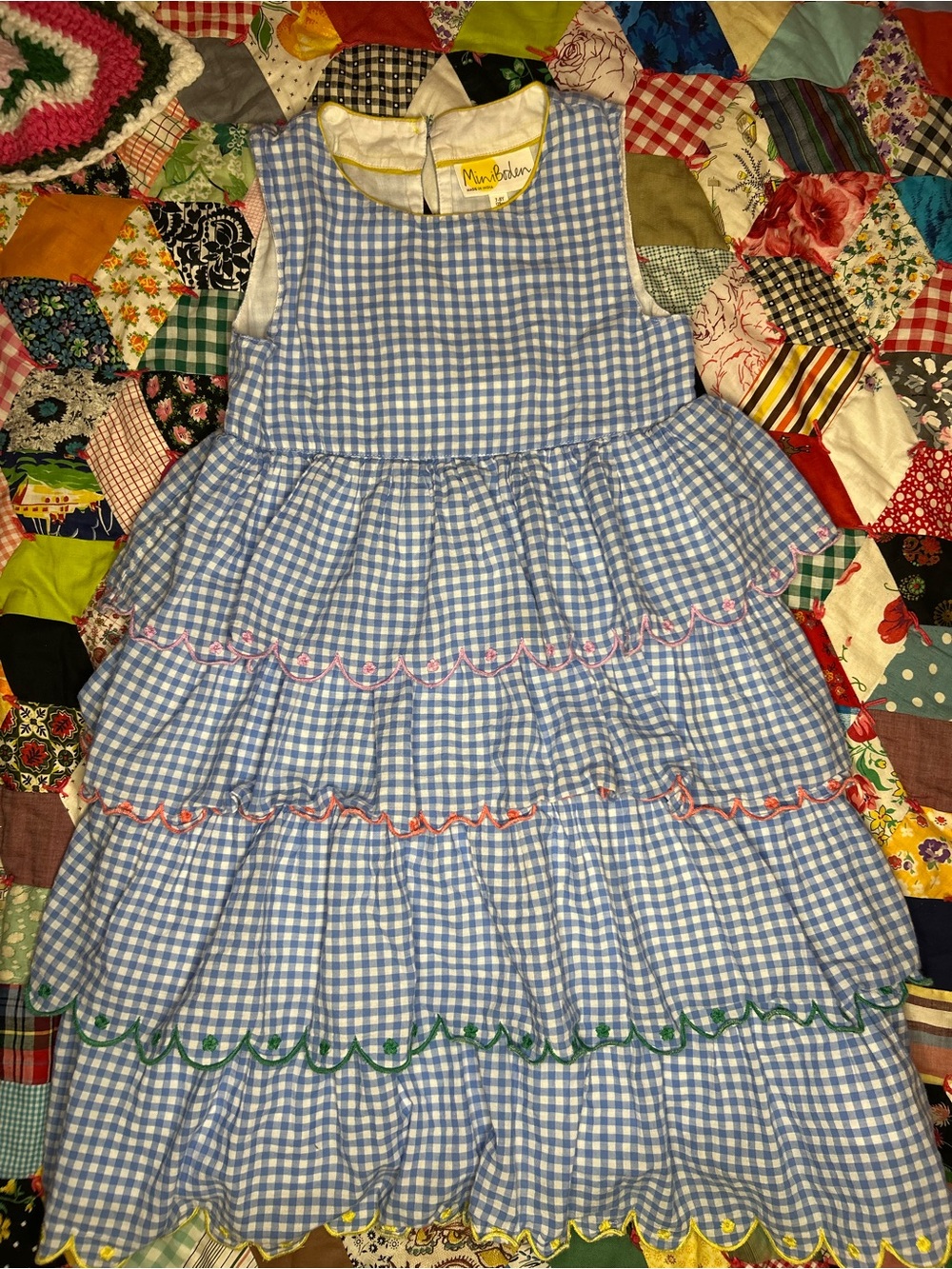 Mini Boden Light Blue Gingham Tiered Dress with Multicolor Scallop Trim